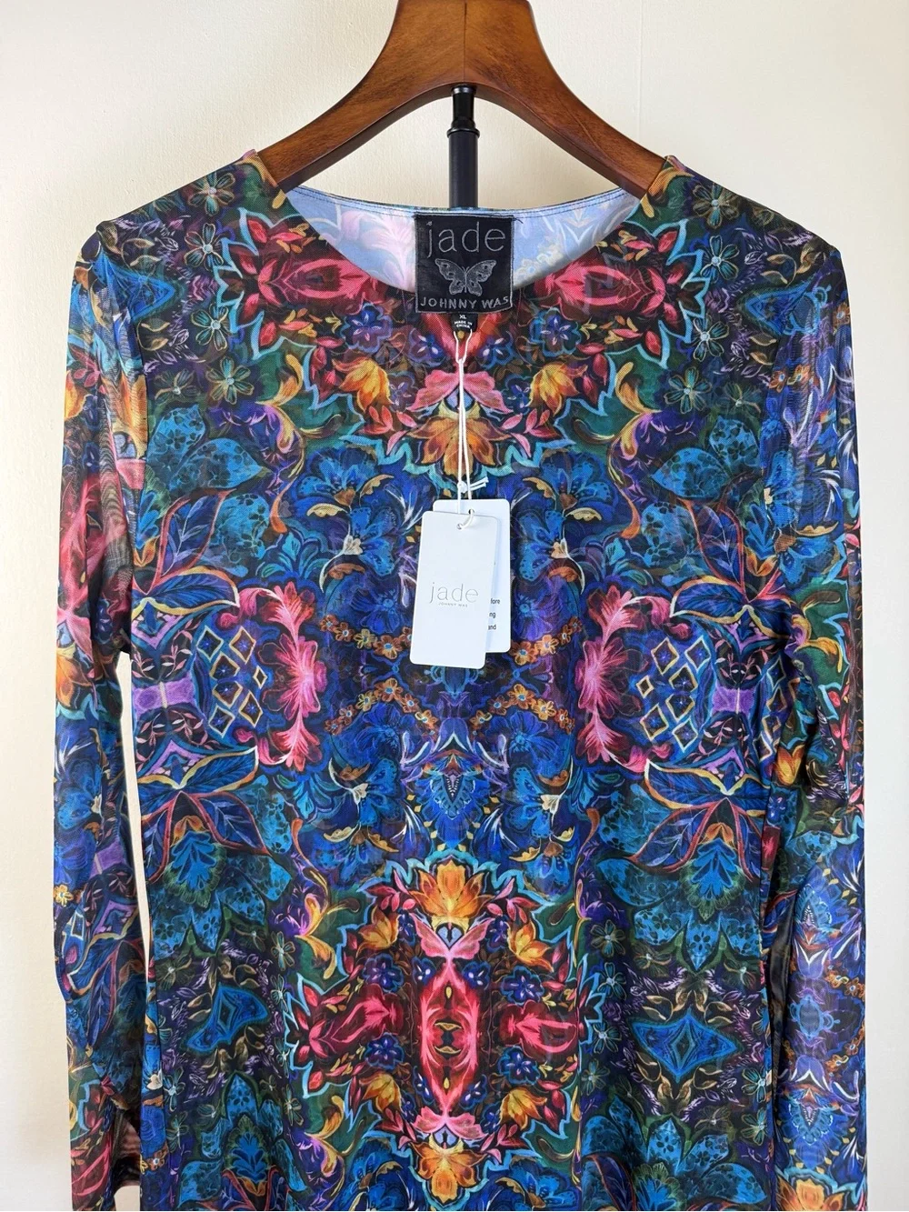 JOHNNY WAS JADE TULUS MESH MIDI DRESS Blue Ottalie Bold Kaleidoscope Lined XL XS
